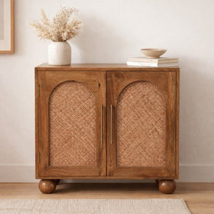 English Elm Solid Wood Handcrafted Rattan Sideboard with Arched Doors for Bohemian Living Rooms B182P490938