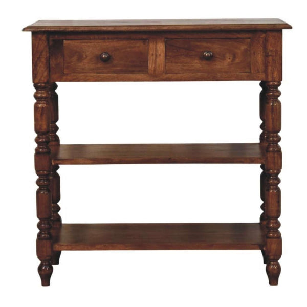 English Elm Solid Wood Handcrafted Side Table with Open Shelf and Turned Legs for Any Room B182P490950