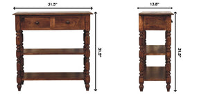English Elm Solid Wood Handcrafted Side Table with Open Shelf and Turned Legs for Any Room B182P490950