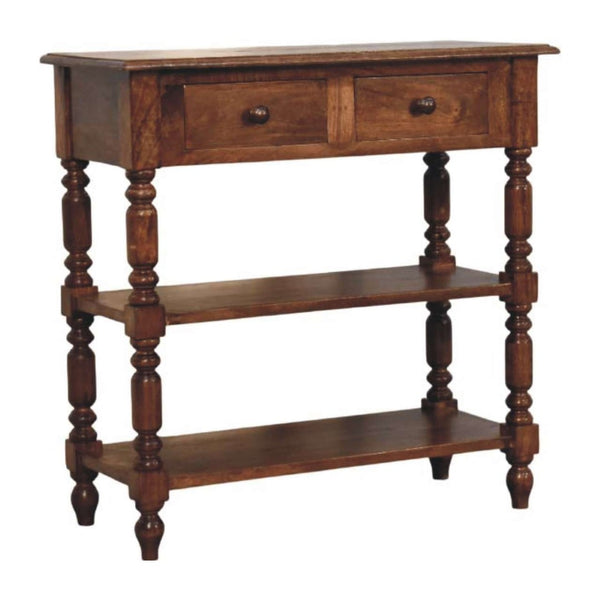 English Elm Solid Wood Handcrafted Side Table with Open Shelf and Turned Legs for Any Room B182P490950