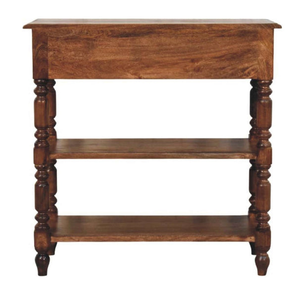 English Elm Solid Wood Handcrafted Side Table with Open Shelf and Turned Legs for Any Room B182P490950