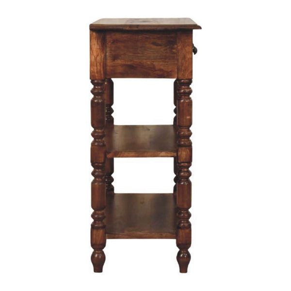 English Elm Solid Wood Handcrafted Side Table with Open Shelf and Turned Legs for Any Room B182P490950