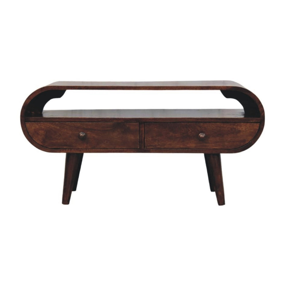 English Elm Solid Walnut Handcrafted Media Console Two Drawer Curved Sculptural Modern Low Profile B182P490957