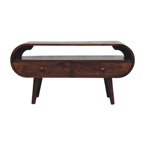 English Elm Solid Walnut Handcrafted Media Console Two Drawer Curved Sculptural Modern Low Profile B182P490957