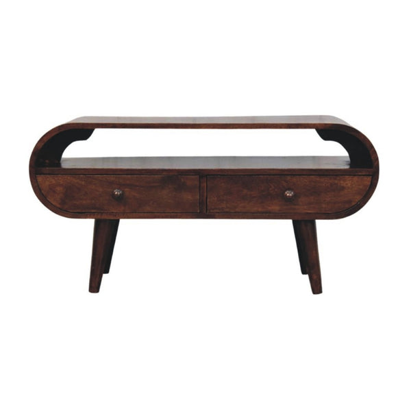 English Elm Solid Walnut Handcrafted Media Console Two Drawer Curved Sculptural Modern Low Profile B182P490957