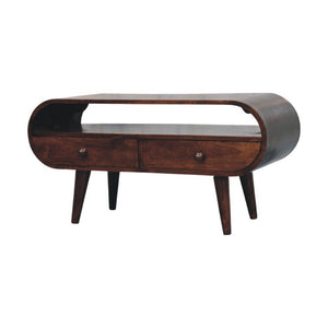 English Elm Solid Walnut Handcrafted Media Console Two Drawer Curved Sculptural Modern Low Profile B182P490957