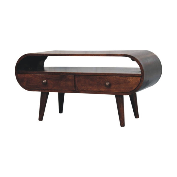 English Elm Solid Walnut Handcrafted Media Console Two Drawer Curved Sculptural Modern Low Profile B182P490957