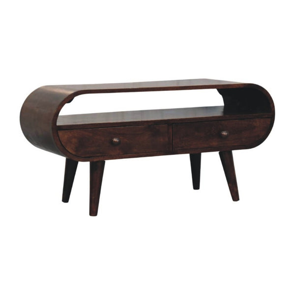 English Elm Solid Walnut Handcrafted Media Console Two Drawer Curved Sculptural Modern Low Profile B182P490957
