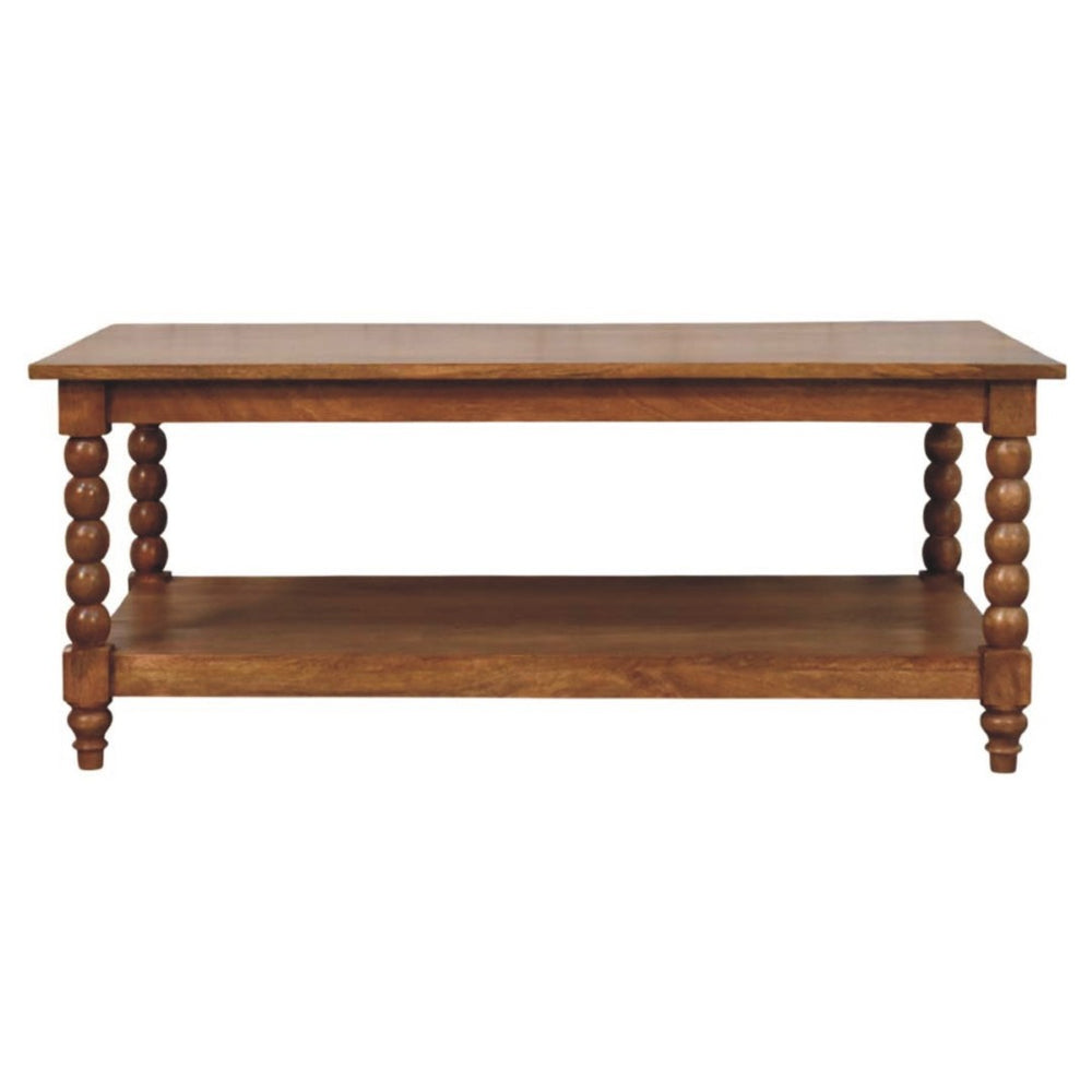 English Elm Solid Wood Spindle Leg Coffee Table with Open Shelf for Farmhouse Living Rooms B182P490960