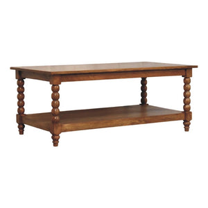 English Elm Solid Wood Spindle Leg Coffee Table with Open Shelf for Farmhouse Living Rooms B182P490960
