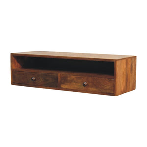 English Elm Solid Handcrafted Amber Wood Open Media Shelf for Modern Minimal Living Spaces B182P490961