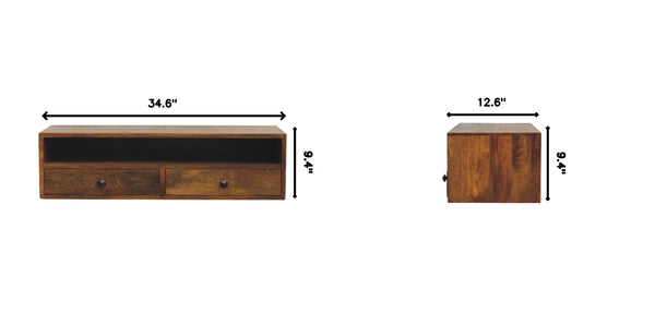 English Elm Solid Handcrafted Amber Wood Open Media Shelf for Modern Minimal Living Spaces B182P490961