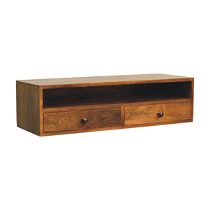 English Elm Solid Handcrafted Amber Wood Open Media Shelf for Modern Minimal Living Spaces B182P490961