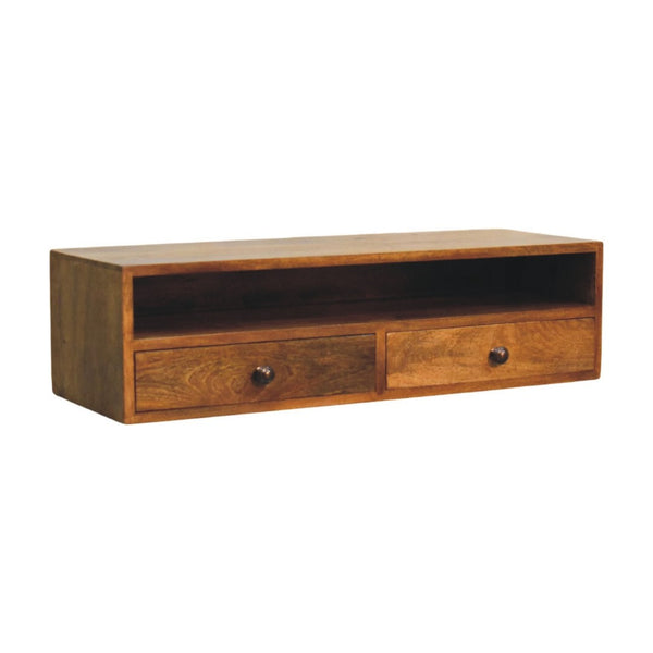 English Elm Solid Handcrafted Amber Wood Open Media Shelf for Modern Minimal Living Spaces B182P490961