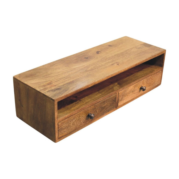 English Elm Solid Handcrafted Amber Wood Open Media Shelf for Modern Minimal Living Spaces B182P490961