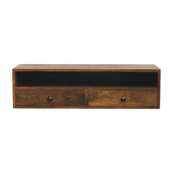 English Elm Solid Handcrafted Amber Wood Open Media Shelf for Modern Minimal Living Spaces B182P490961