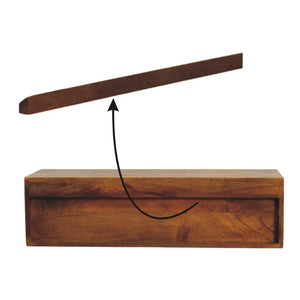 English Elm Solid Handcrafted Amber Wood Open Media Shelf for Modern Minimal Living Spaces B182P490961