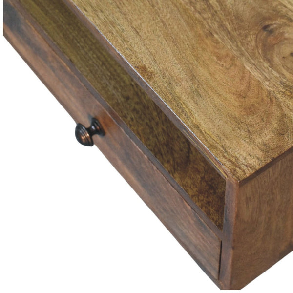 English Elm Solid Handcrafted Amber Wood Open Media Shelf for Modern Minimal Living Spaces B182P490961