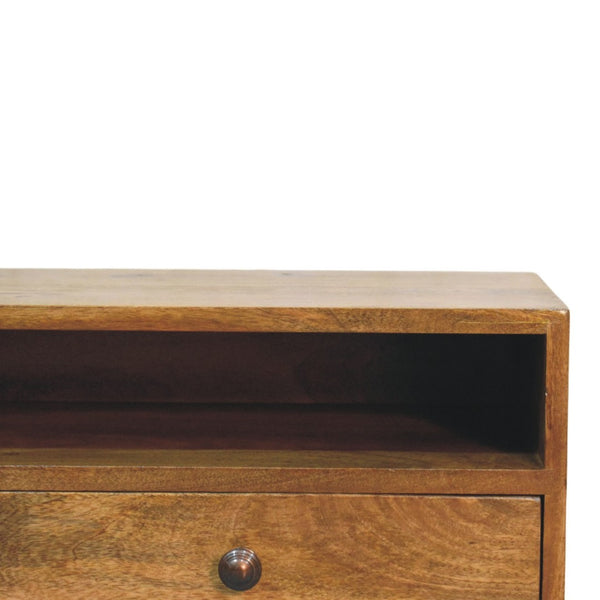 English Elm Solid Handcrafted Amber Wood Open Media Shelf for Modern Minimal Living Spaces B182P490961