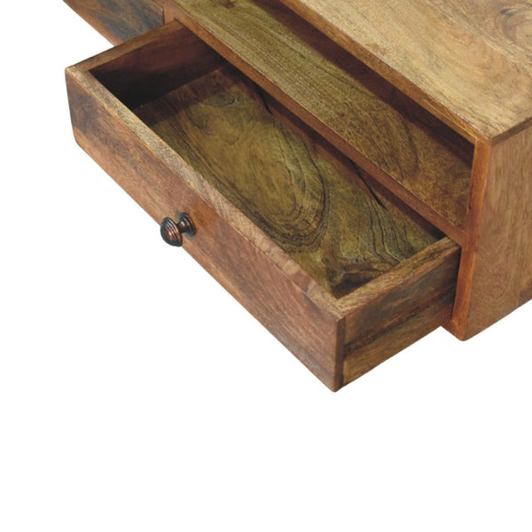 English Elm Solid Handcrafted Amber Wood Open Media Shelf for Modern Minimal Living Spaces B182P490961