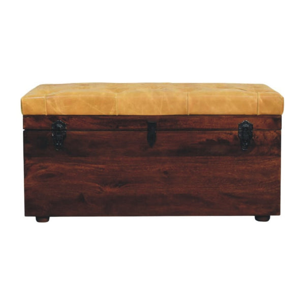 English Elm Solid Walnut Handmade Lift Top Storage Bench with Tan Leather Seat for Entryway B182P490963