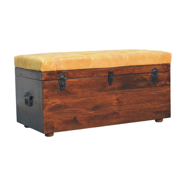 English Elm Solid Walnut Handmade Lift Top Storage Bench with Tan Leather Seat for Entryway B182P490963
