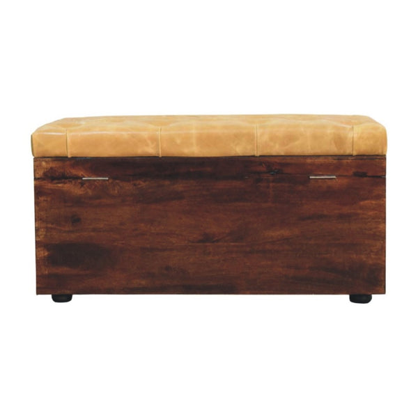 English Elm Solid Walnut Handmade Lift Top Storage Bench with Tan Leather Seat for Entryway B182P490963