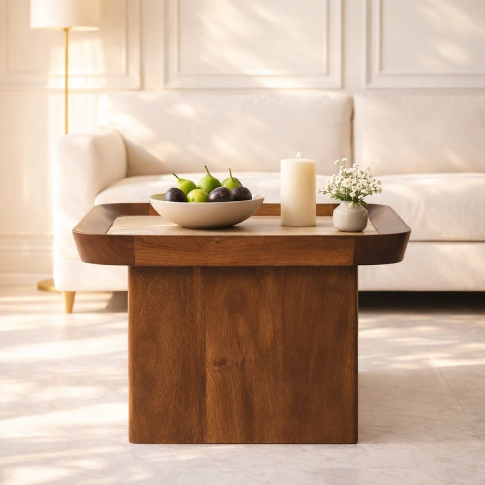 English Elm Solid Wood Tray Frame Square Coffee Table with Genuine Travertine Stone Top B182P490965