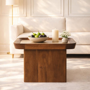 English Elm Solid Wood Tray Frame Square Coffee Table with Genuine Travertine Stone Top B182P490965