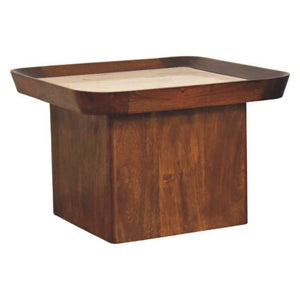 English Elm Solid Wood Tray Frame Square Coffee Table with Genuine Travertine Stone Top B182P490965