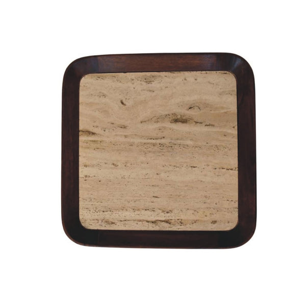 English Elm Solid Wood Tray Frame Square Coffee Table with Genuine Travertine Stone Top B182P490965