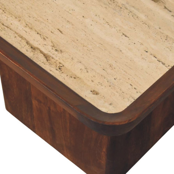 English Elm Solid Wood Tray Frame Square Coffee Table with Genuine Travertine Stone Top B182P490965