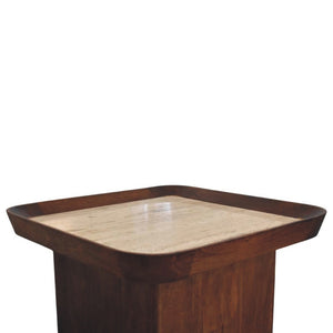 English Elm Solid Wood Tray Frame Square Coffee Table with Genuine Travertine Stone Top B182P490965