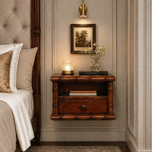 English Elm Bamboo Inspired Floating Nightstand Solid Mango Wood Wall Mounted Bedroom Storage B182P510064
