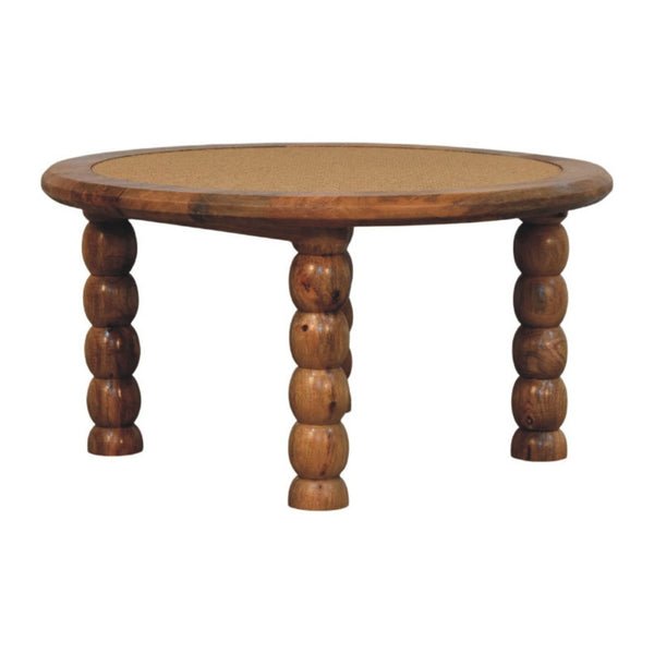 English Elm Spindle Leg Round Rattan Coffee Table Handcrafted Mango Wood for Boho Living Rooms B182P510068