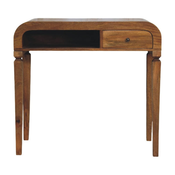 English Elm Curved Mango Wood Writing Desk with Open Shelf and Drawer for Home Office B182P510071