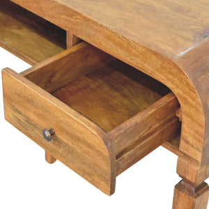 English Elm Curved Mango Wood Writing Desk with Open Shelf and Drawer for Home Office B182P510071