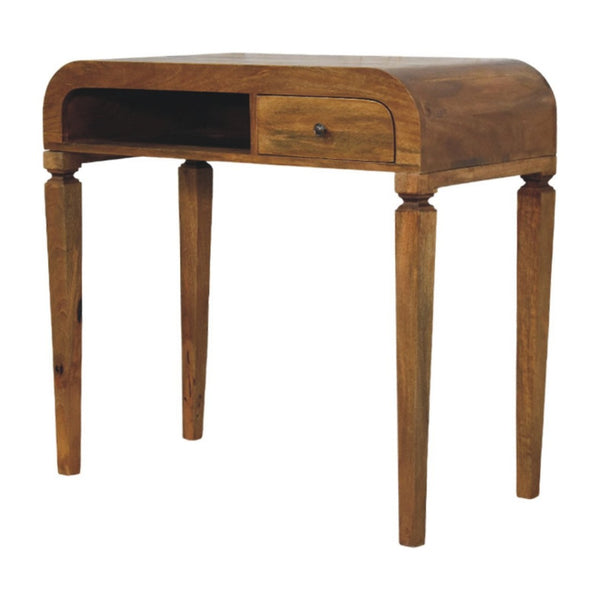 English Elm Curved Mango Wood Writing Desk with Open Shelf and Drawer for Home Office B182P510071