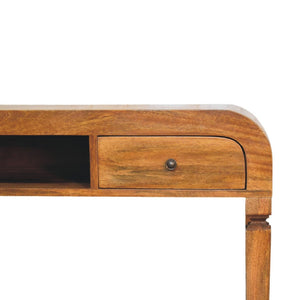 English Elm Curved Mango Wood Writing Desk with Open Shelf and Drawer for Home Office B182P510071