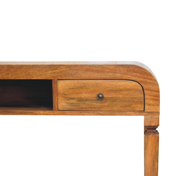 English Elm Curved Mango Wood Writing Desk with Open Shelf and Drawer for Home Office B182P510071