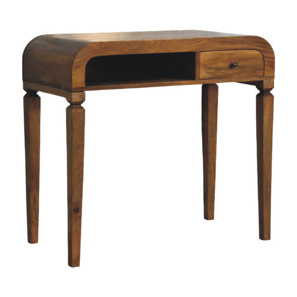 English Elm Curved Mango Wood Writing Desk with Open Shelf and Drawer for Home Office B182P510071