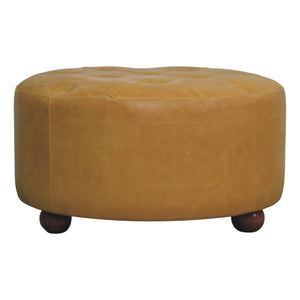 English Elm Amber Oak Leather Ottoman Coffee Table Handcrafted Round Living Room Accent B182P510073