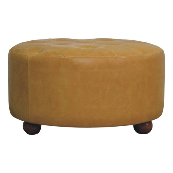 English Elm Amber Oak Leather Ottoman Coffee Table Handcrafted Round Living Room Accent B182P510073