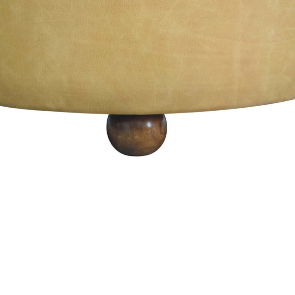 English Elm Amber Oak Leather Ottoman Coffee Table Handcrafted Round Living Room Accent B182P510073