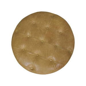 English Elm Amber Oak Leather Ottoman Coffee Table Handcrafted Round Living Room Accent B182P510073