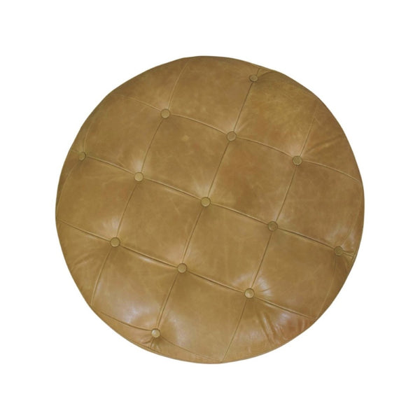 English Elm Amber Oak Leather Ottoman Coffee Table Handcrafted Round Living Room Accent B182P510073
