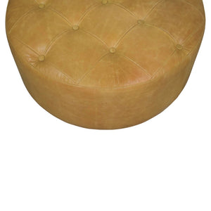 English Elm Amber Oak Leather Ottoman Coffee Table Handcrafted Round Living Room Accent B182P510073