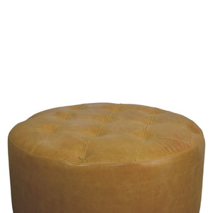 English Elm Amber Oak Leather Ottoman Coffee Table Handcrafted Round Living Room Accent B182P510073
