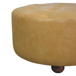 English Elm Amber Oak Leather Ottoman Coffee Table Handcrafted Round Living Room Accent B182P510073