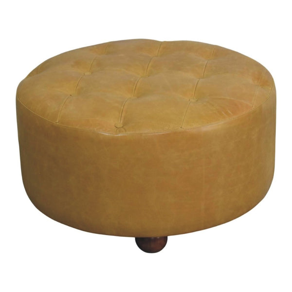 English Elm Amber Oak Leather Ottoman Coffee Table Handcrafted Round Living Room Accent B182P510073
